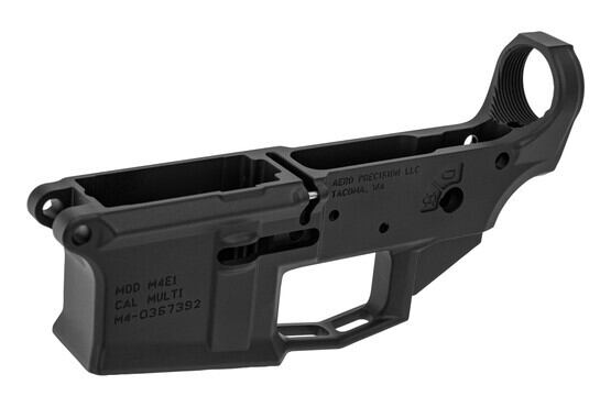 BLEM Aero Precision M4E1 Stripped AR lower receiver features a threaded bolt catch roll pin
